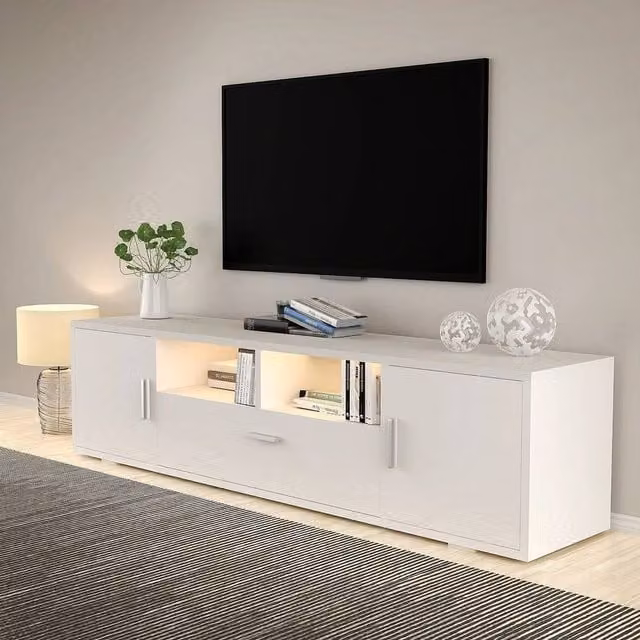 KORVIXA Modern High Gloss White MDF TV Stand with Soft Close Drawers and Integrated Lighting, W/D/H: 100 x 100 x 100 cm