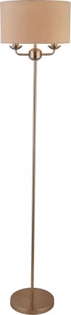 Modern 2-Light Floor Lamp with Satin Silver Metal Base and Beige Linen Cylinder Shade