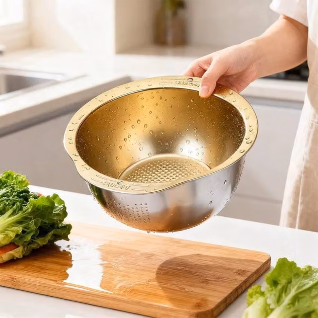 NESTLUNE Gold Large Stainless Steel Round Colander W/D/H: 100 x 15 x 15 cm