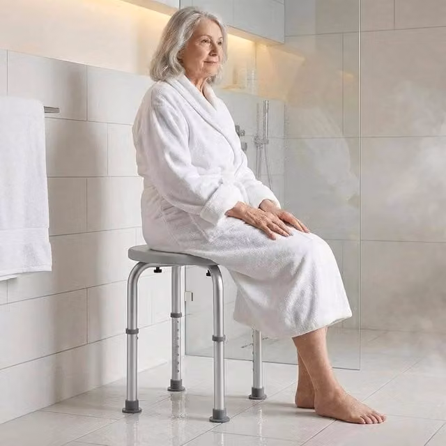 Kelvenix Round Shower Stool Bathing Chair Seat in Grey with Height Adjustable Legs and Non-Slip Base – 1