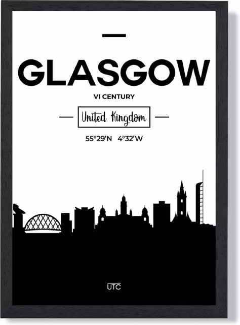 ARTZE Glasgow Black and White City Skyline Framed Print, A2