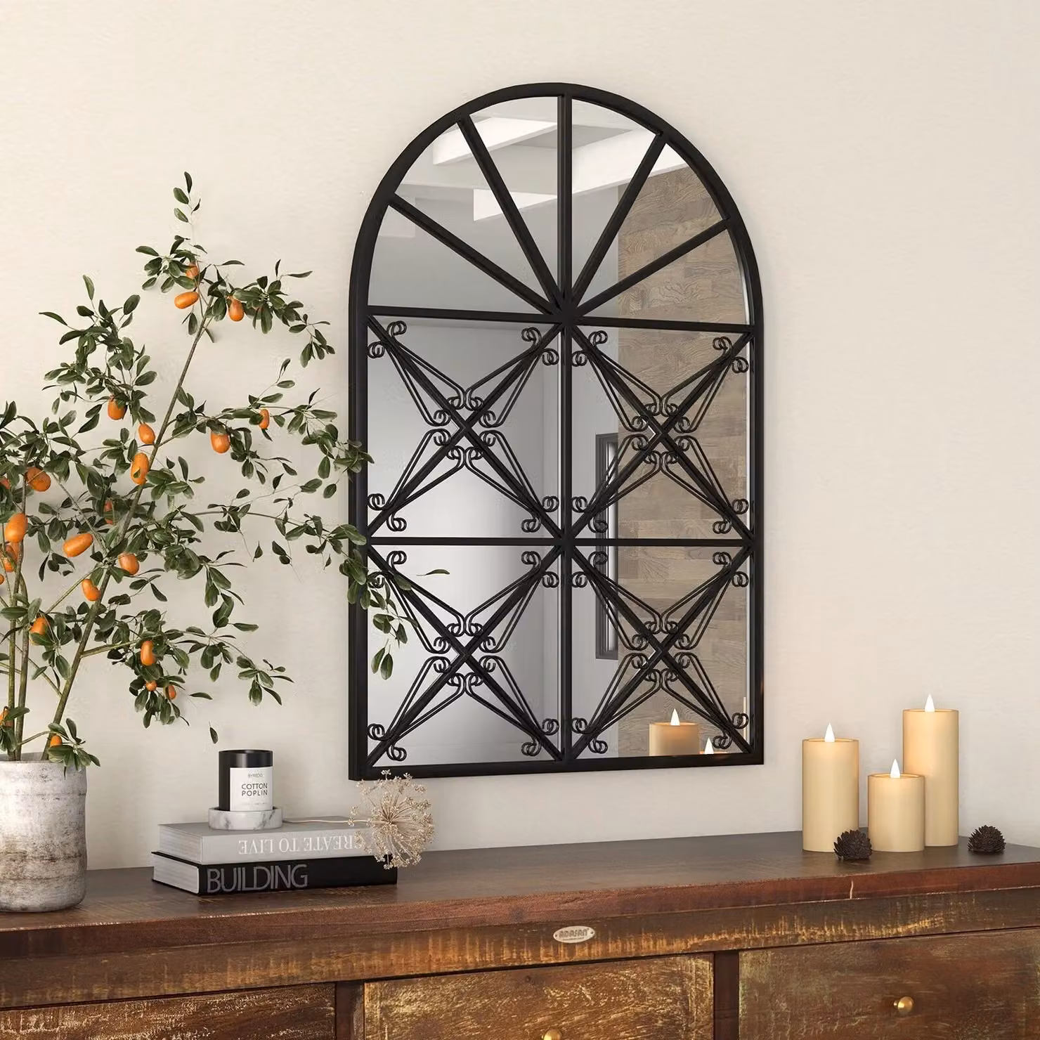 Costway Arched Window Pane Decorative Wall Mounted Mirror with Black Metal Frame – 3