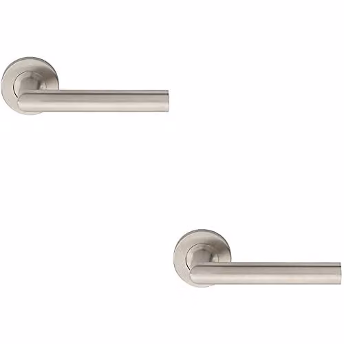 Loops Pair of Straight Mitred Bar Door Handles on Round Rose in Brushed Silver Stainless Steel with Concealed Fixings