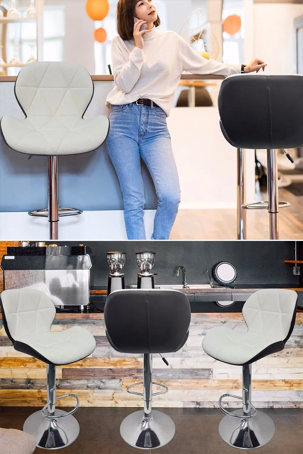 Neel Blue Modern Geometric Metal Barstool in Black and White – 3