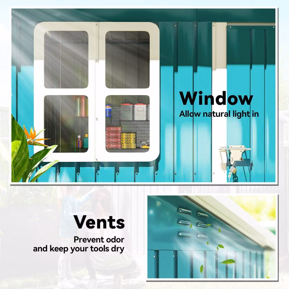 Rolipo Galvanised Steel Pent Garden Shed with Window and Lock, Green/Teal, W/D/H: 213.36 x 121.92 x 182.88 cm – 5