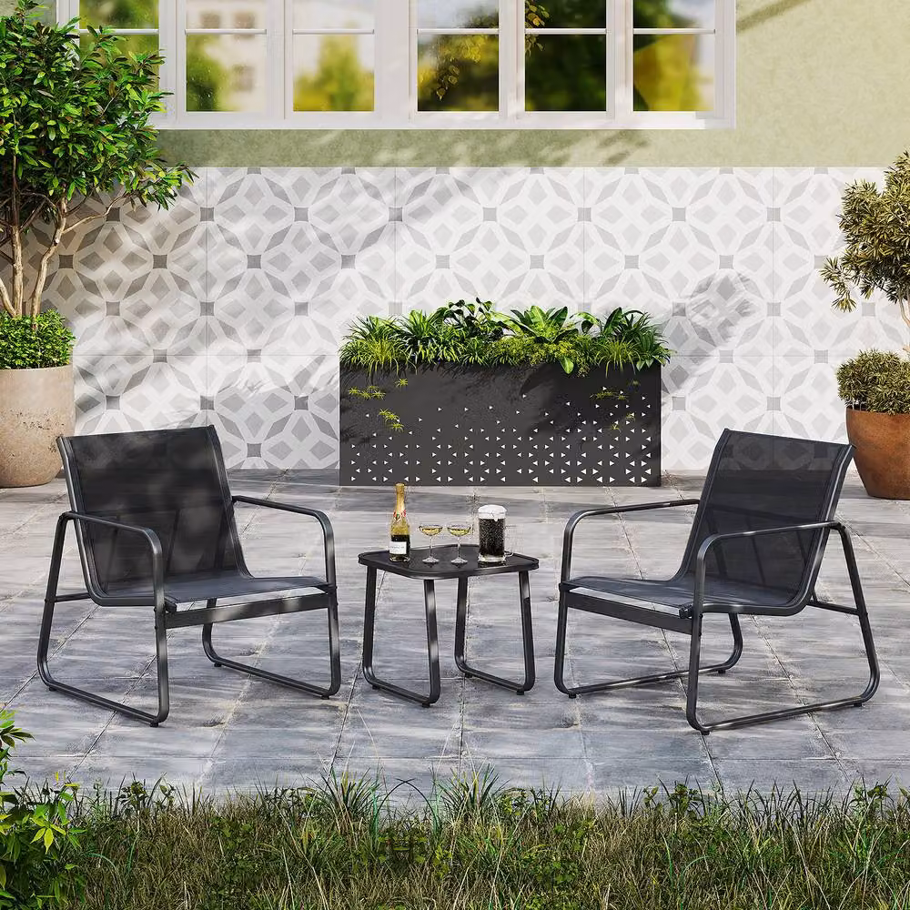 Costway 3 Piece Outdoor Bistro Patio Conversation Set with Tempered Glass Table in Black – 6