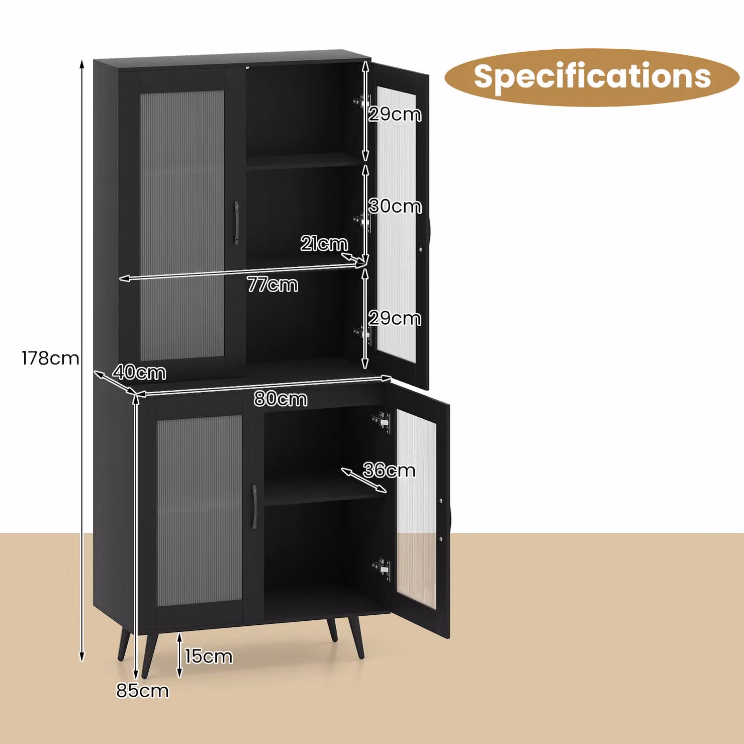 Gymax Modern Black Kitchen Pantry Cabinet with 4 Transparent Glass Doors, Height: 178 cm – 2