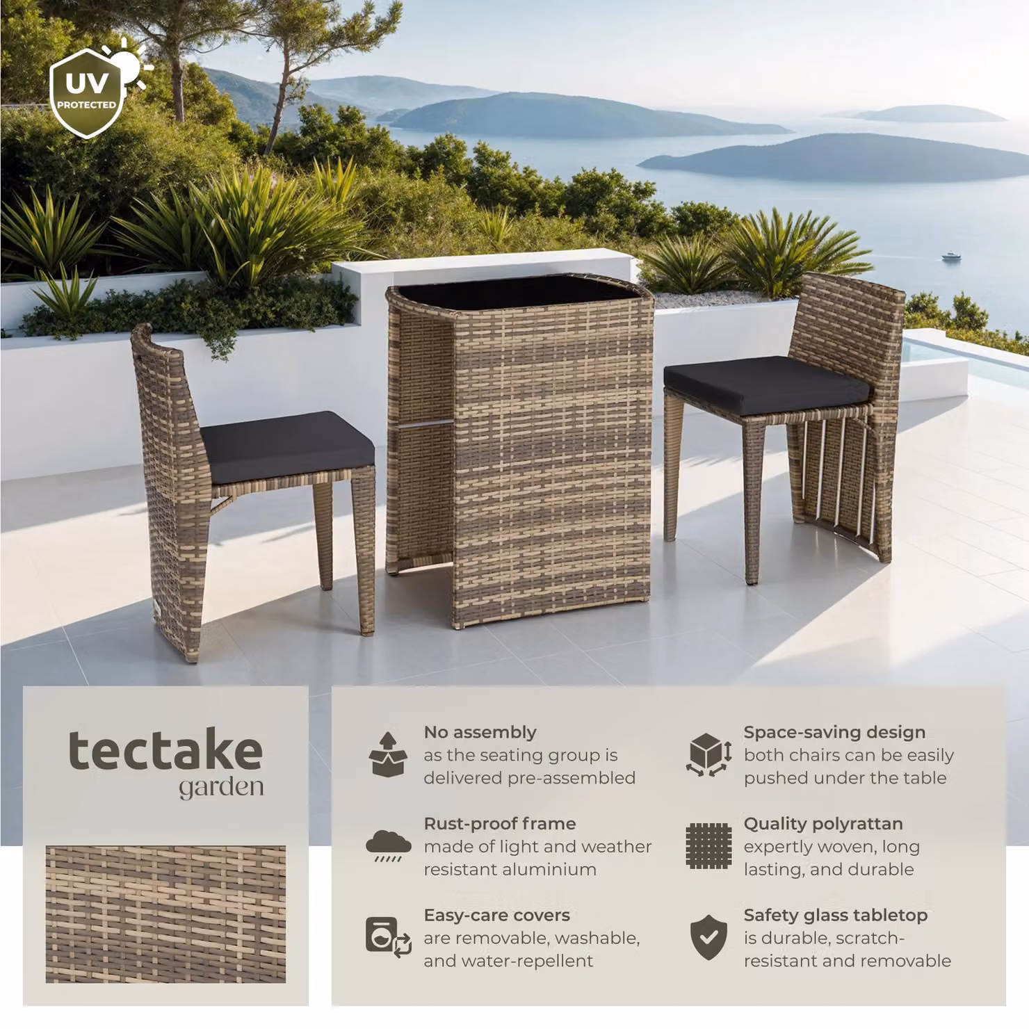 tectake Hamburg Garden Bistro Set in Beige with 1 Dining Table and 2 Chairs – 2
