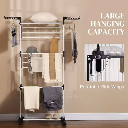 HOMCOM Foldable 4-Tier Steel Clothes Drying Rack with Wheels and Hooks, Black – 4