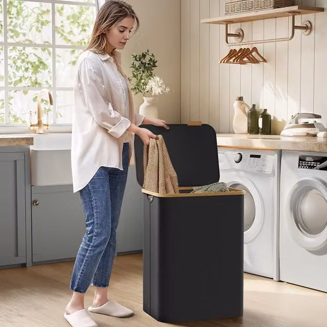 SONGMICS Large 2-Section Collapsible Laundry Hamper with Bamboo Handles in Black – 1