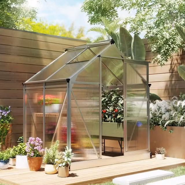 Outsunny Aluminium and Polycarbonate Walk-In Garden Greenhouse in Silver