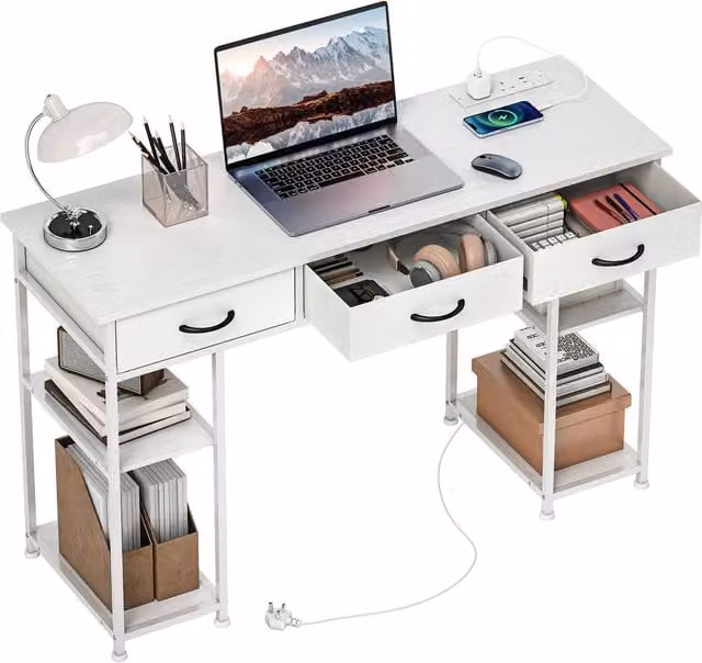 Rolipo Modern White Computer Desk with 3 Drawers and 4 Shelves, Width: 120 cm – 1