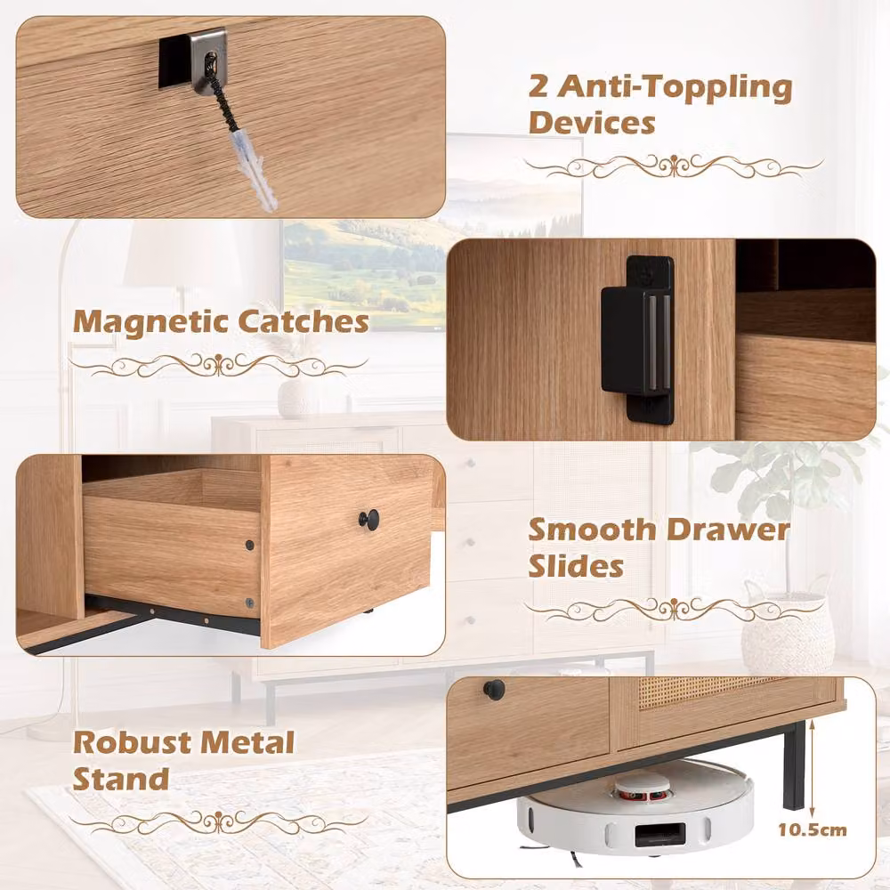 Costway Modern Sideboard Buffet Cabinet and Coffee Bar Table with 2 Doors and 3 Drawers in Natural Sand and Brown with Rattan Details, Width: 120 cm – 3