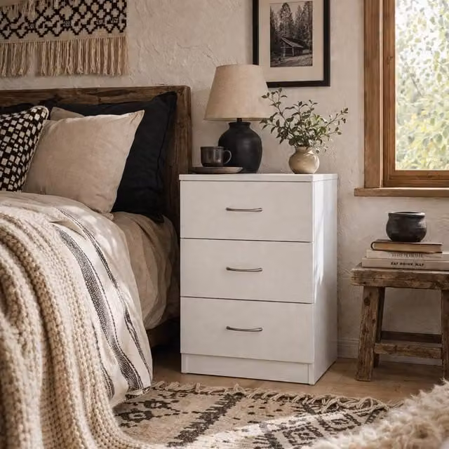 Wyld Haus Yotose White 3 Drawer Bedside Table with Silver Handles, W/D/H: 40.0 x 35.0 x 58.0 cm