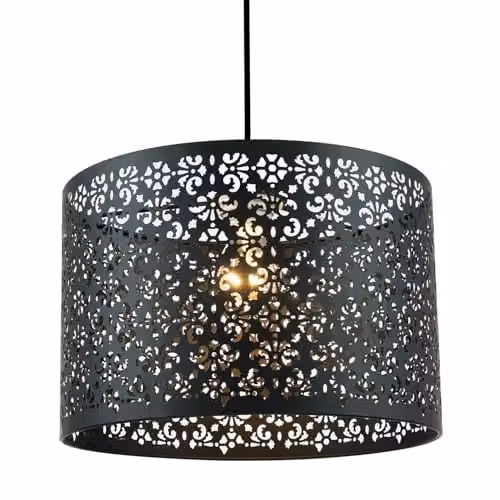Happy Homewares Moroccan Designed Matte Black Metal Circular Pendant Light Shade with Floral Decor, Diameter: 30.48 cm – 1