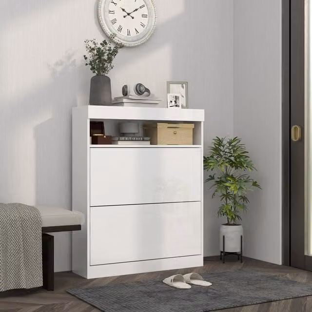HOMCOM Modern Glossy White Freestanding Shoe Cabinet with Tilting Compartments