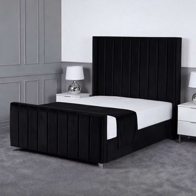 Living Comfort Bedz Imperial Winged Gas Lift Storage Upholstered Velvet Bed in Black, Super King (200 x 200 cm)