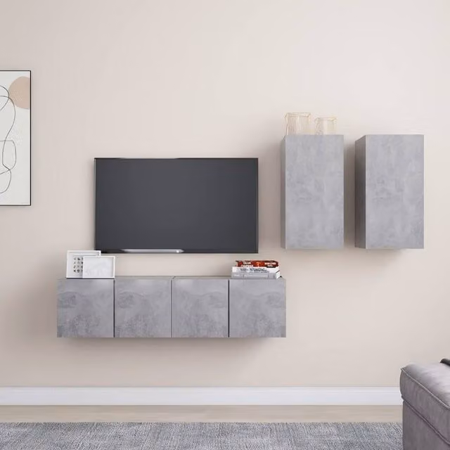 Berkfield Home 4 Piece Modern Wall Mounted TV Cabinet Set in Concrete Grey MDF – 1