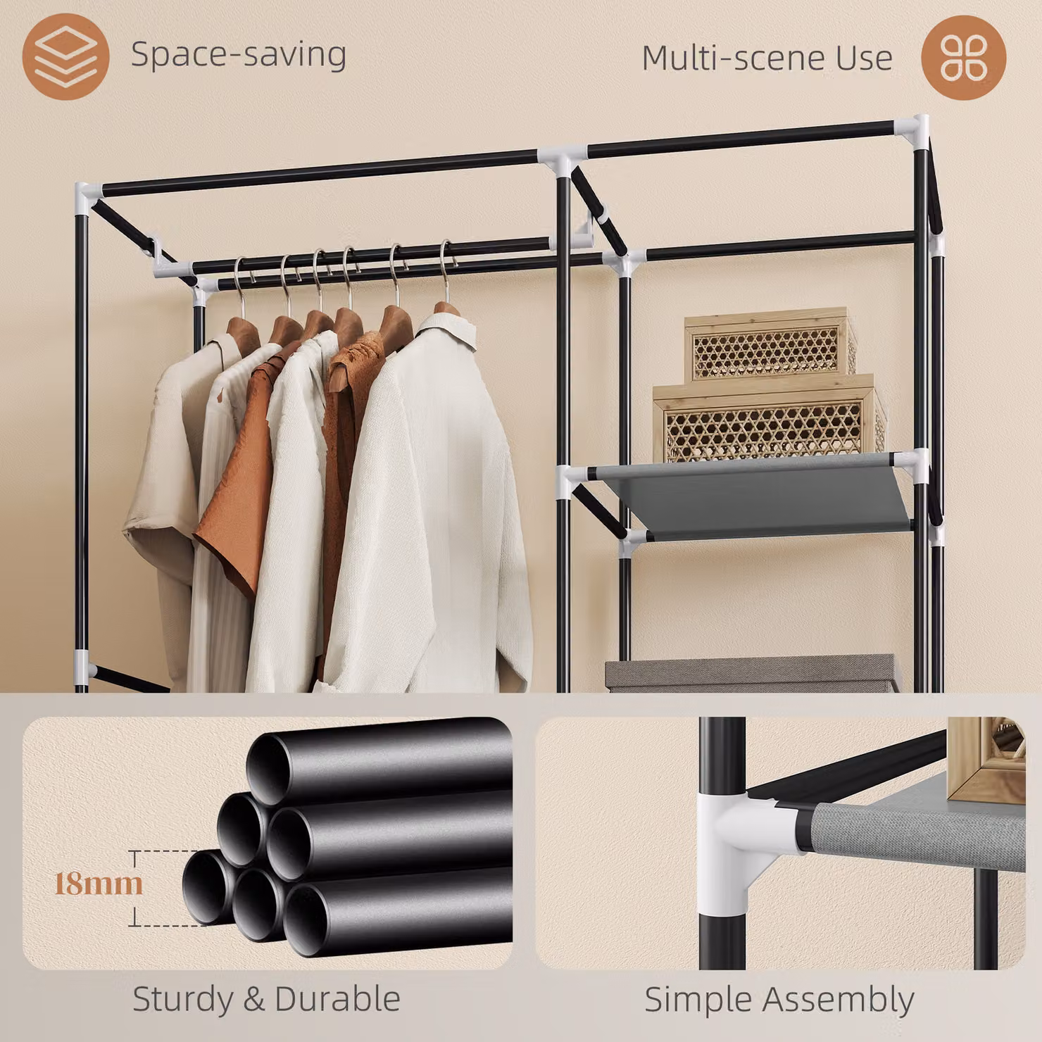 HOMCOM Portable Fabric Wardrobe with 6 Shelves and Hanging Rail, Light Grey, W: 103 cm, D: 43 cm, H: 162.5 cm – 5