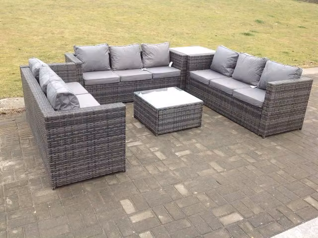 Fimous 9 Seater U-Shape Rattan Garden Furniture Set in Dark Grey with Upholstered Cushions and Ottoman