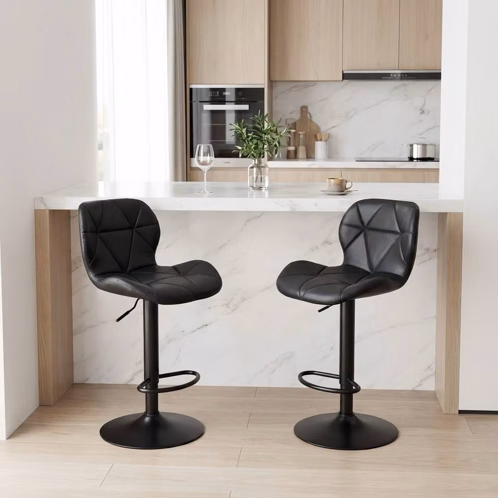 Alivio Set of 2 Modern Faux Leather Adjustable Bar Stools with Backrest and 360 Degree Swivel in Black – 4