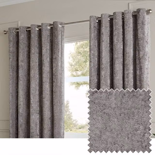 Paoletti Lustre Velvet Eyelet Curtain Pair in Grey, Width: 168 cm, Drop: 229 cm – 1
