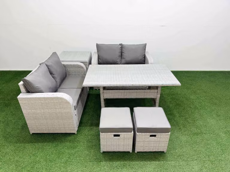 Fimous 6 Seater Rattan Garden Furniture Set in Light Grey with Rectangular Dining Table, 2 Small Stools and Side Table