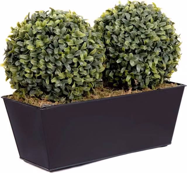 GreenBrokers Artificial Double Ball Topiary Plant in a Black Metal Tin Window Box