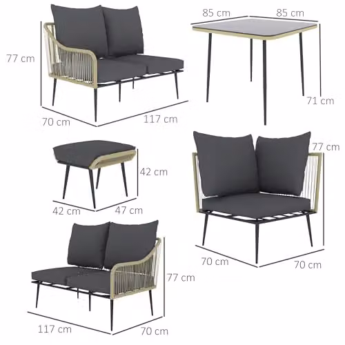 Outsunny 6 Piece Rattan Garden Furniture Set with L-Shape Corner Sofa, Ottoman, Coffee Table and Cushions in Grey – 7