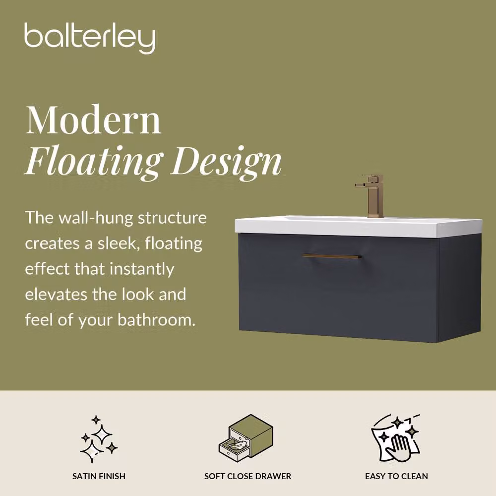 Balterley 800mm Wall Hung 1 Drawer Vanity Basin Unit in Dark Grey with Bronze Handle – 2