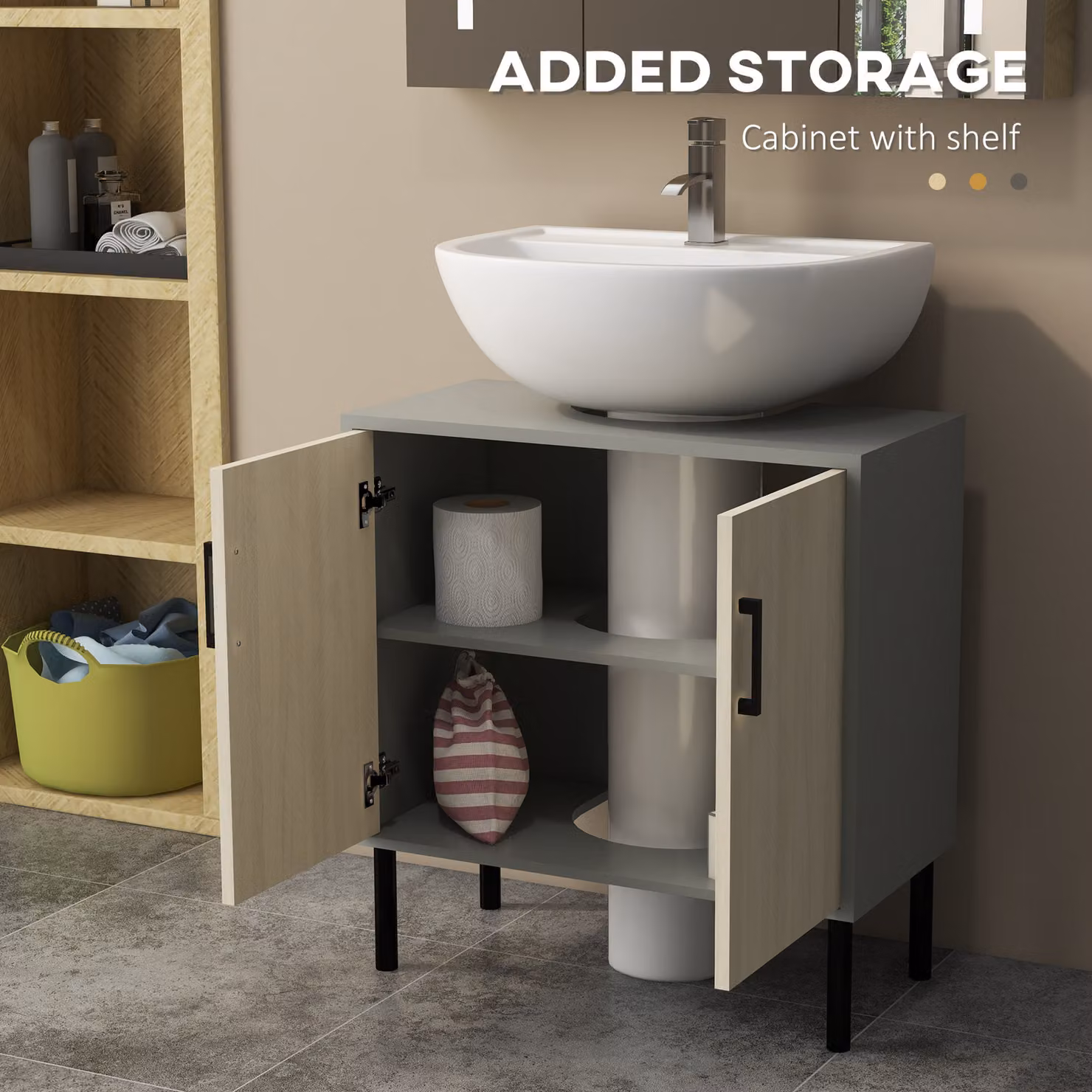 Kleankin Freestanding Under Sink Bathroom Storage Cabinet with Hinged Double Doors and Internal Shelves, W/D/H: 60 x 30 x 61 cm, Brown – 2