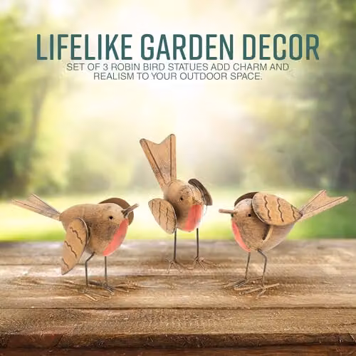 GloBrite Set of 3 Robin Garden Ornaments, Hand-Painted Brown and Multicolour Resin Bird Decorations – 4