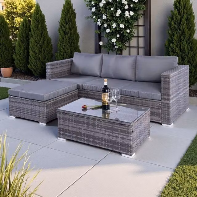 Outdoor Living Dunham Grey 4 Seat L-Shape Polyrattan Sofa Set with Coffee Table and Ottoman