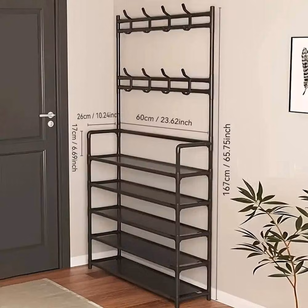 VOGREX 5-Tier Space-Saving Shoe Rack with Coat Hooks in Matt Black – 2