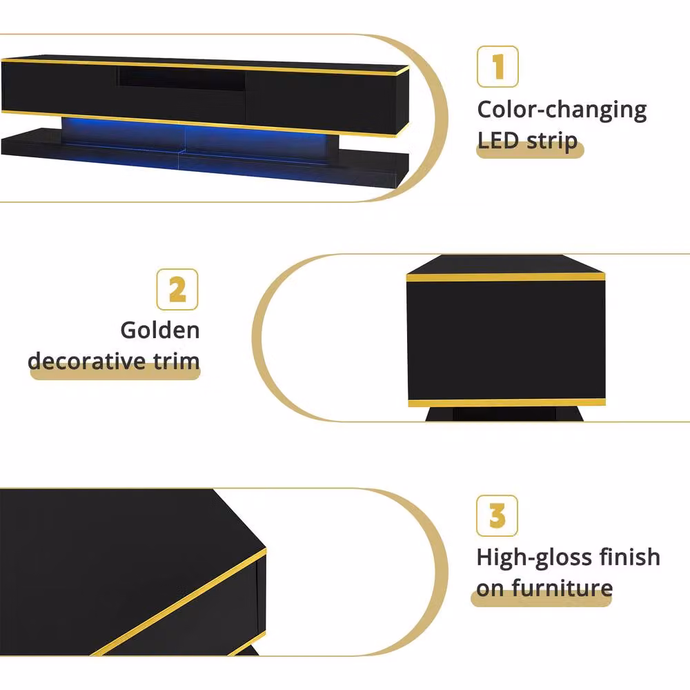 Rolipo Black and Gold High Gloss Modern TV Cabinet with Integrated LED Lighting, W: 180 cm, D: 38 cm, H: 45 cm – 2