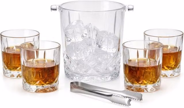 GEEZY 6 Piece Geometric Crystal Style Whiskey Tumbler Set with Ice Bucket, Transparent