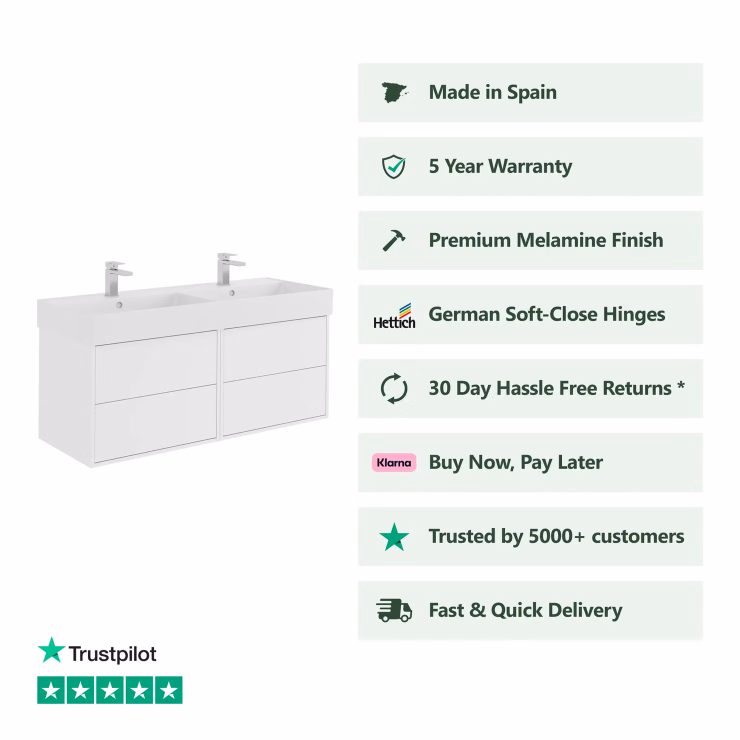 Banyetti Venti 1200mm Wall Hung Vanity Unit with Veneto 2 Tap Hole Basin, Matt White – 2