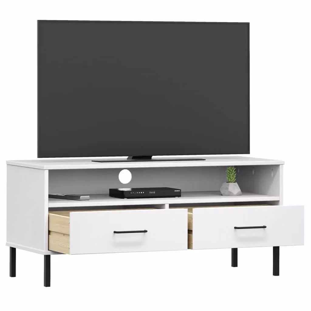 Berkfield Home Oslo TV Cabinet in White Solid Pine Wood with Metal Legs – 3