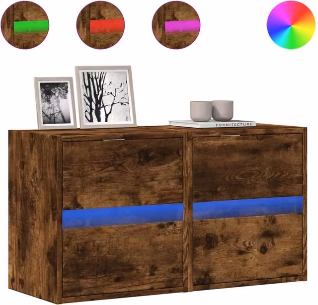 Berkfield Home Set of 2 Modern Wall Mounted TV Cabinets with LED Lighting in Smoked Oak Brown, W/D/H: 41 x 31 x 45 cm – 1