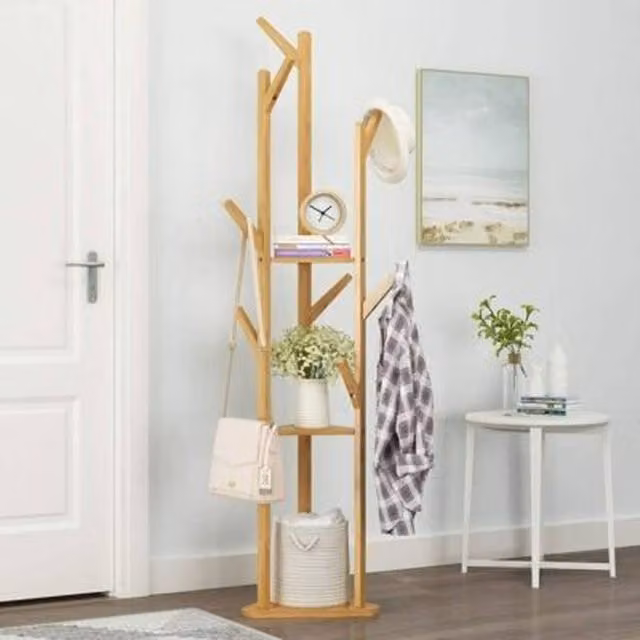 NESTLUNE 3 Tier Bamboo Standing Hat Coat Rack and Bag Hanger Tree in Brown – 1