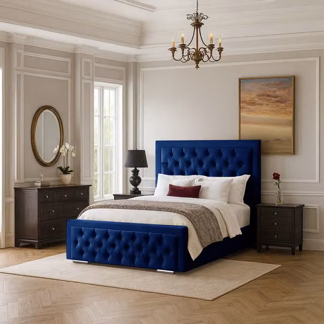 Desire Deco Kinsley Blue Velvet Upholstered Single Bed Frame, W/D/H: 90 x 190 cm