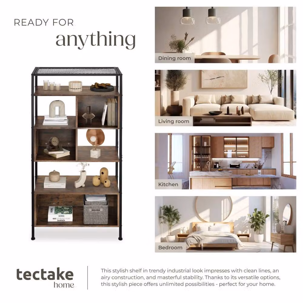 tectake Hastings Free Standing Shelf with 5 Tiers and 3 Storage Compartments in Brown – 7