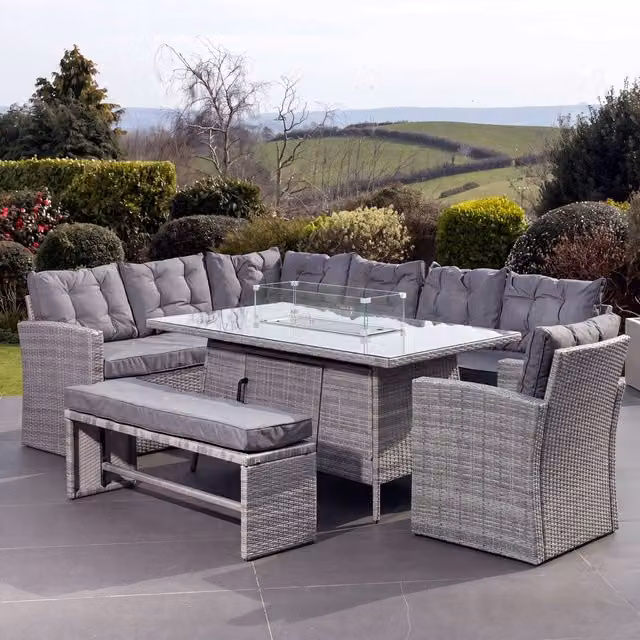 Artemis Home Piana 10 Seat Rattan Corner Sofa Set with Firepit Table, Bench and Chair in Grey