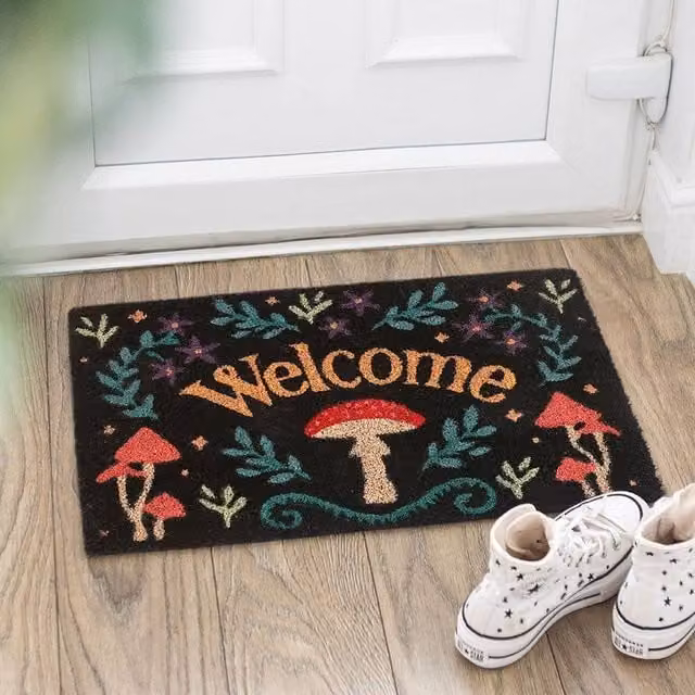 Uniqueful Black and Multicolour Mushroom Graphic Coir Welcome Doormat, Width: 100 cm – 1