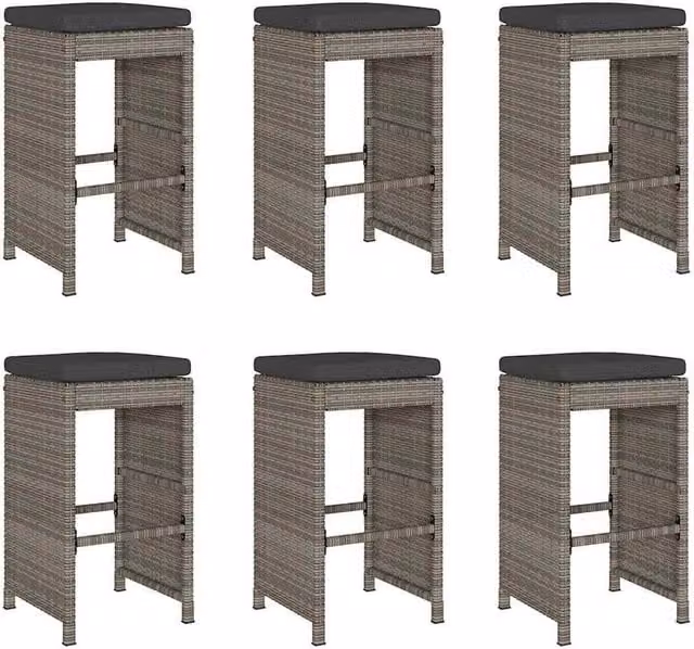 Berkfield Home Set of 6 Grey Poly Rattan Garden Bar Stools with Cushions