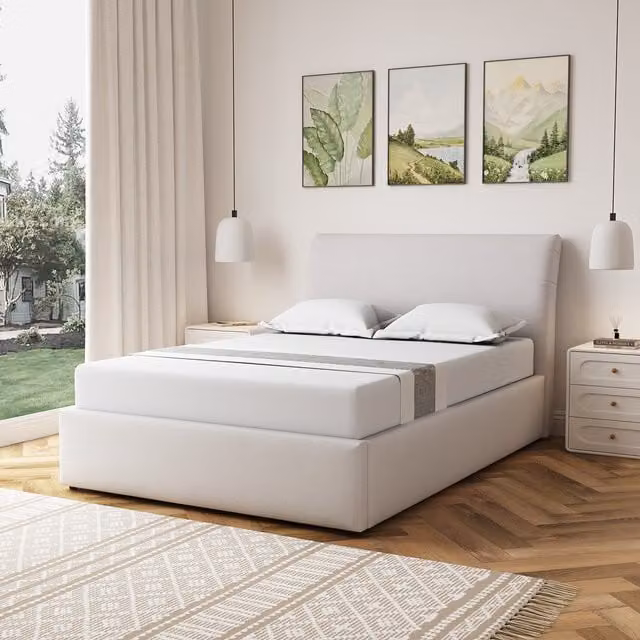 Artemis Home Modern Upholstered Ottoman Bed Frame in Beige Fabric, W/D/H: 135 x 190 cm