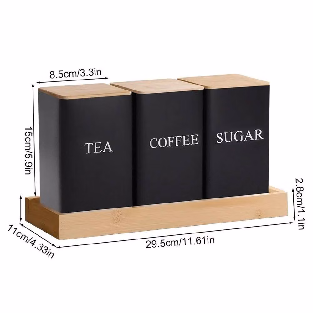 SPETLEK 3 Piece Metal and Bamboo Coffee, Tea and Sugar Storage Set in Black – 2
