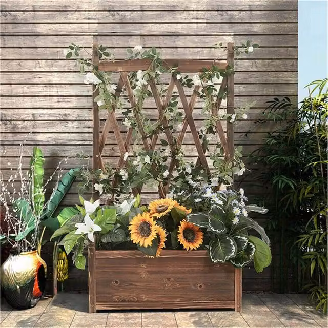 VOGREX Large Wooden Raised Garden Planter Box with Trellis and Drainage, Brown, W: 114.8 cm, D: 64.0 cm, H: 20.07 cm – 1