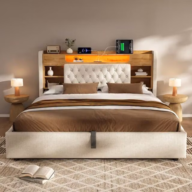 Merax King Size Ottoman Bed in Beige with Storage Headboard, USB Charging Port and LED Lighting, W/D/H: 150 x 200 x 158 cm