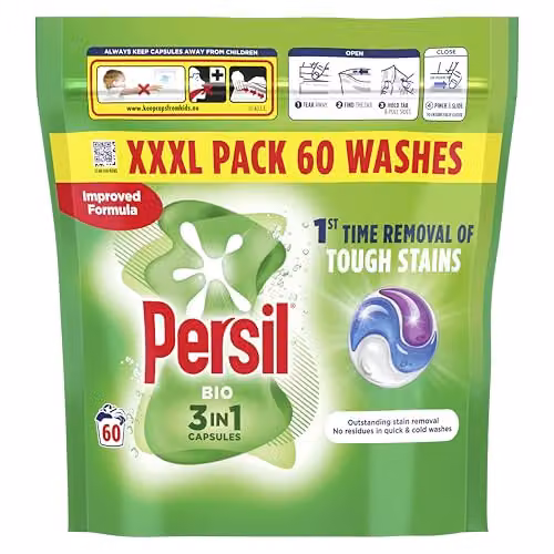Persil Bio 3 in 1 Washing Capsules for Tough Stain Removal, 60 Washes – 1